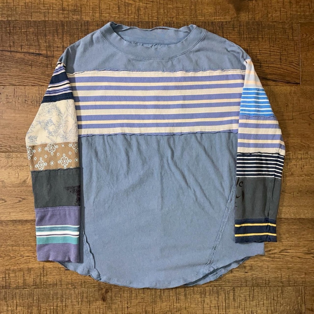 Free People Mackenzie Tee Women XS Blue Boho Patchwork Oversized LS Shirt